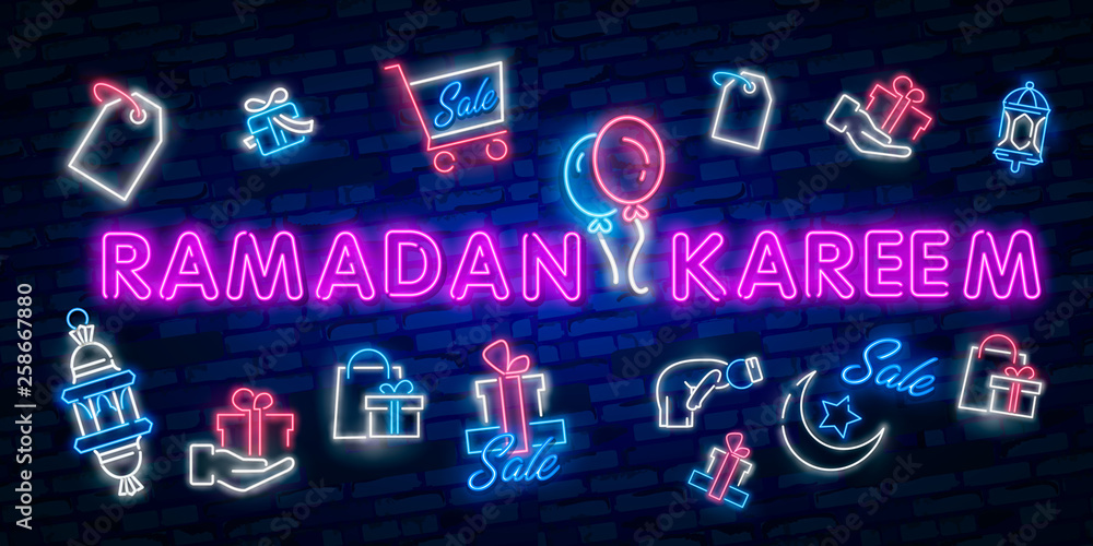 Ramadan Kareem sale offer neon banners collection. Ramadan Holiday discounts vector illustration design template in modern trend style, neon style, light banner, nightly bright advertising discounts