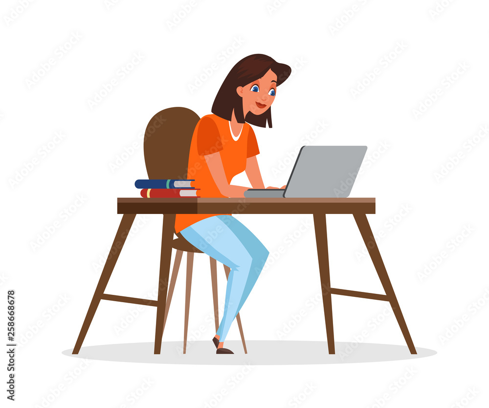 Woman using laptop flat vector illustration Woman using laptop flat vector illustration
