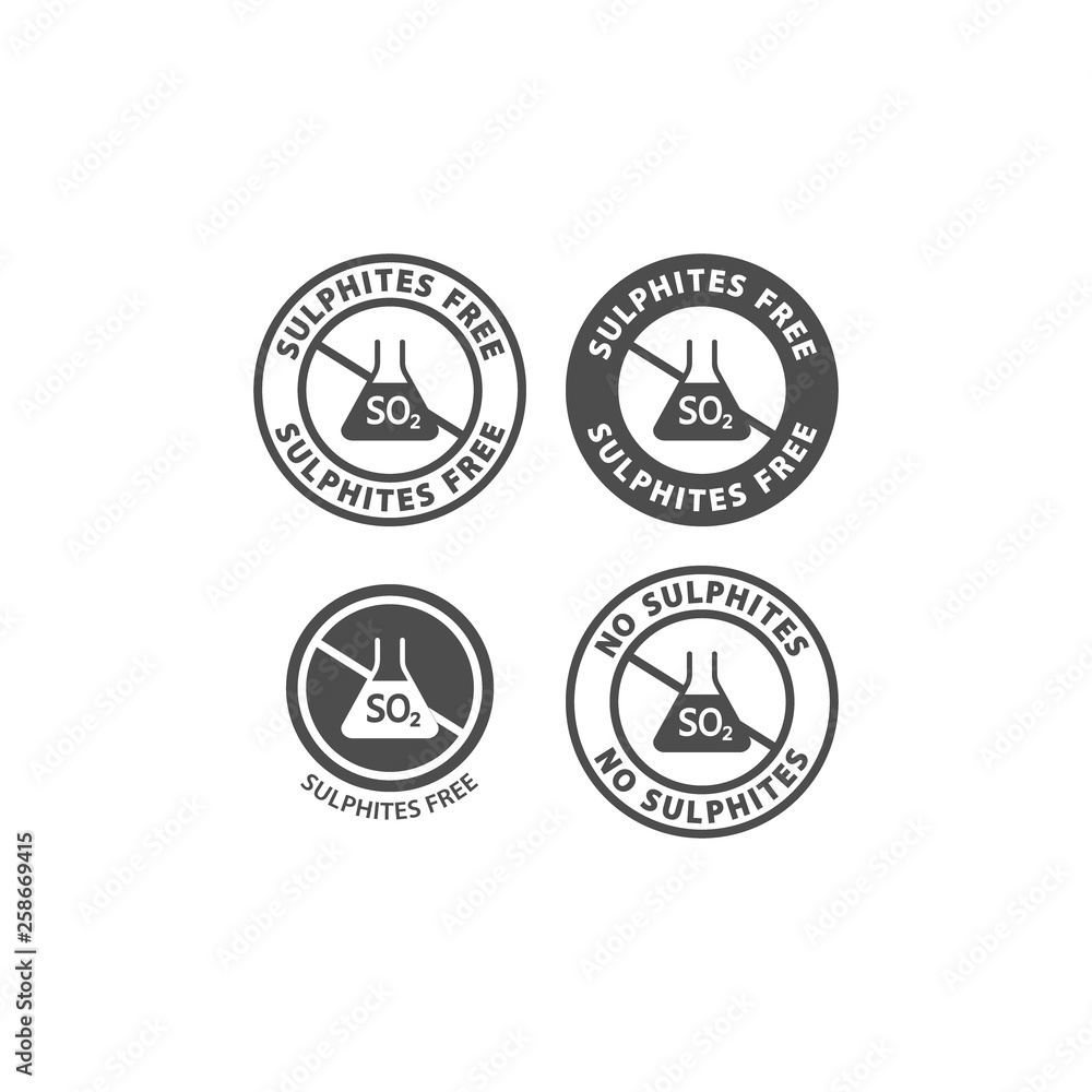 Sulphites free and no sulphites food ingredient circle label icon set. Sulphites free vector badge sticker set for packaging.