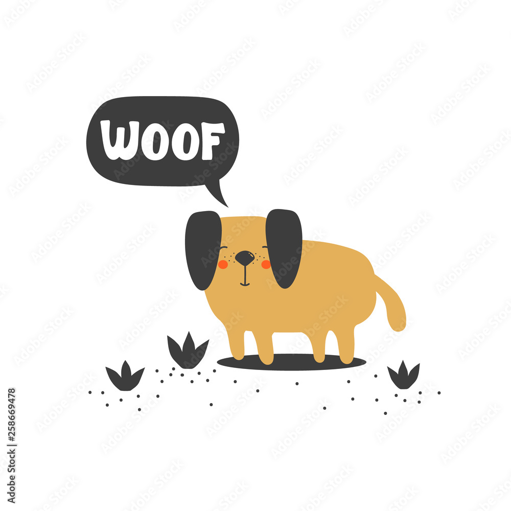 Simple illustration with happy dog and english text, poster design.  Colorful background vector. Woof, funny concept. Cartoon wallpaper. Hand  drawn backdrop Stock Vector | Adobe Stock