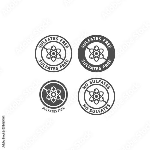 Sulfates free and no sulfates food ingredient circle label icon set. Sulfates free vector badge sticker set for packaging.