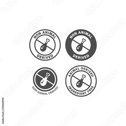 No animal derived food ingredient circle label icon set. Animal derived free vector badge sticker set for packaging.