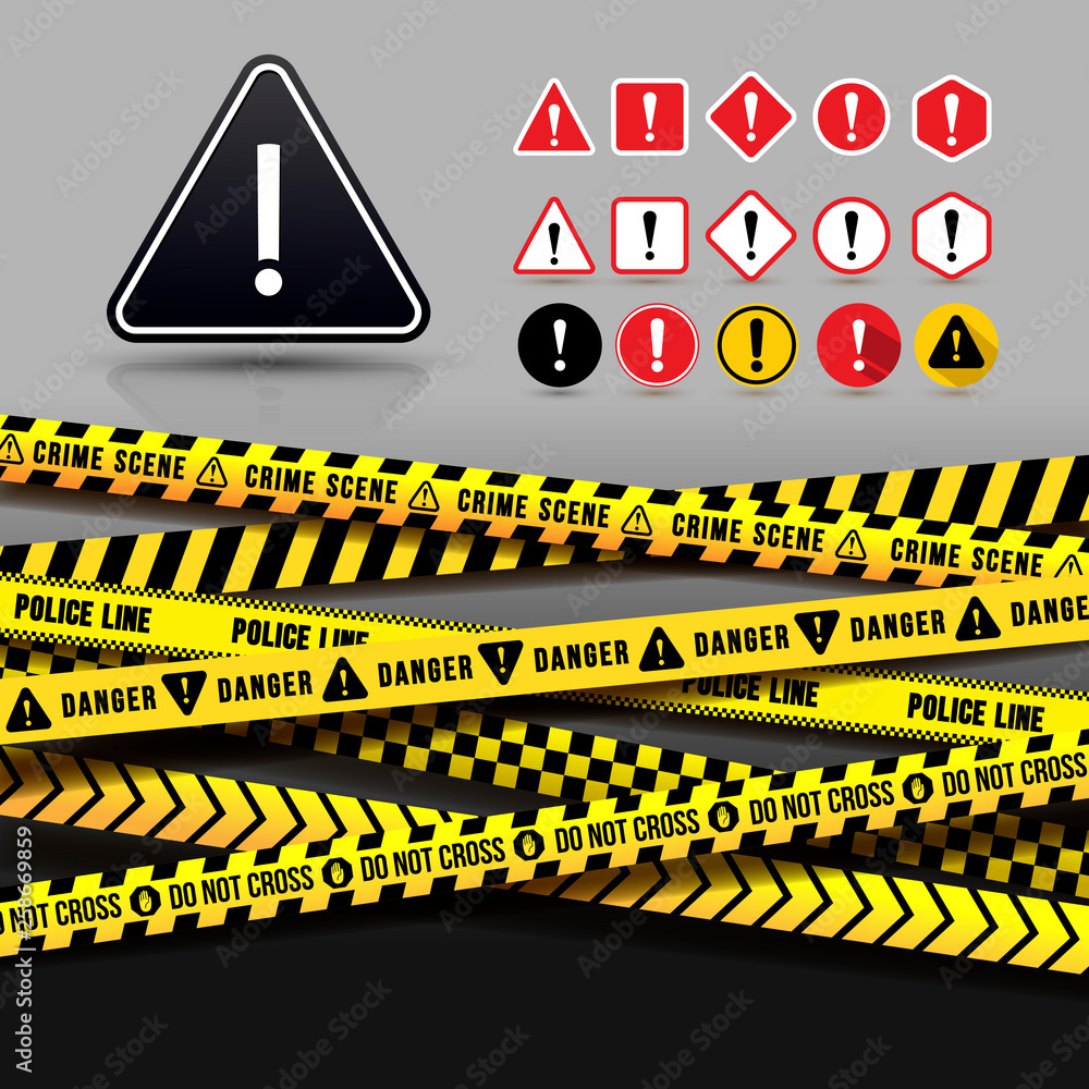Yellow And Black Caution Tape, Seamless Borders. Set of Danger Warning Icon. Flat Design. Vector Illustration. Isolated On Gray Background. Yellow And Black Caution Tape, Seamless Borders. Set of Danger Warning Icon. Flat Design. Vector Illustration. Isolated On Gray Background.