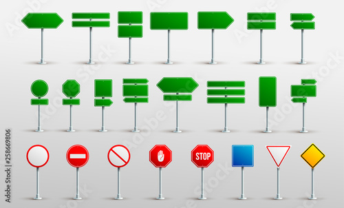 Set Of Traffic Road Realistic Signs. Signage Signal Warning Sign Stop Danger Caution Speed Highway Empty Parking Street Board. Vector Illustration. Isolated On White Background.