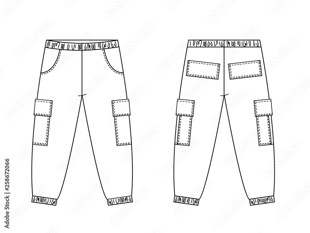 Technical drawing of children's fashion. Cargo pants with patch pockets for  kids. Front and back views Stock Vector | Adobe Stock