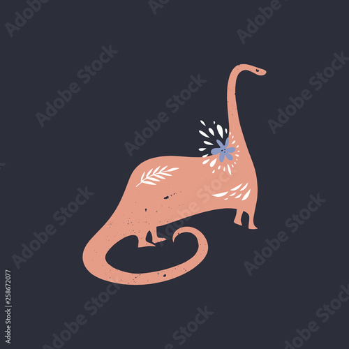 Cute Diplodocus dino with flower. Stylized herbivorous dinosaur. Print for kids, girls and boys vector illustration. Cartoon animal