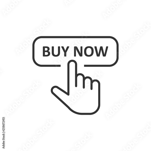 Buy now shop icon in flat style. Finger cursor vector illustration on white isolated background. Click button business concept.