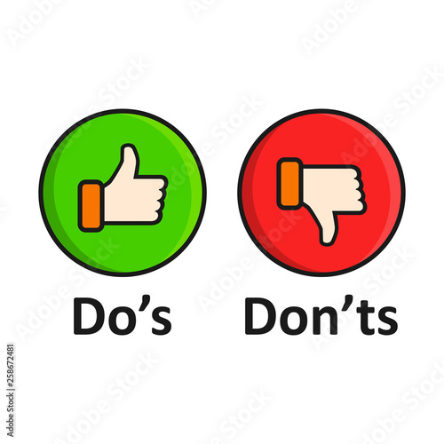Do's and don'ts sign icon in flat style. Like, unlike vector illustration on white isolated background. Yes, no business concept.