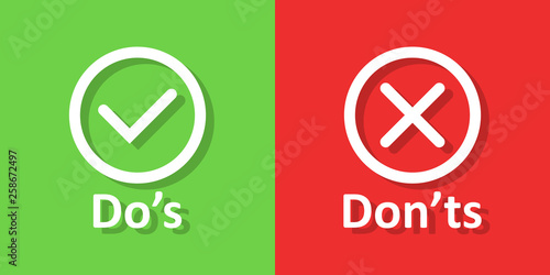 Do's and don'ts sign icon in flat style. Like, unlike vector illustration on white isolated background. Yes, no business concept.