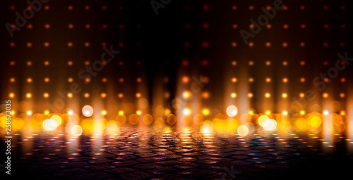 Photos Dark empty scene, multicolored neon searchlight light, abstract bokeh light, wet asphalt, smoke, night view, rays