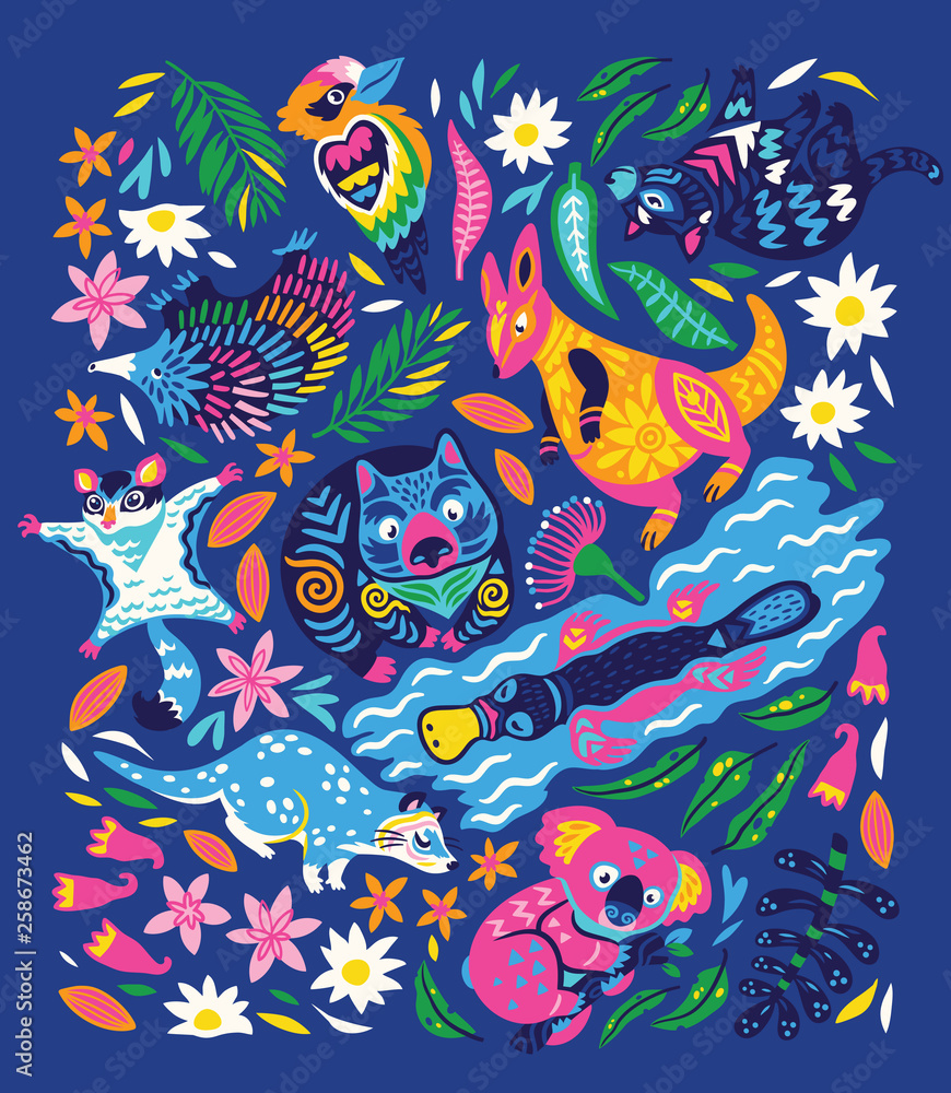 Adorable set of decorative Australian animals isolated on blue background. Vector illustration Adorable set of decorative Australian animals isolated on blue background. Vector illustration