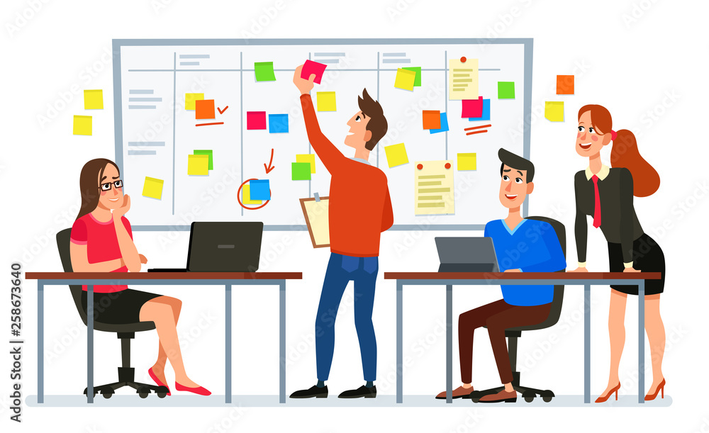 Scrum board meeting. Business team planning tasks, office workers conference and workflow plan flowchart cartoon vector illustration Scrum board meeting. Business team planning tasks, office workers conference and workflow plan flowchart cartoon vector illustration