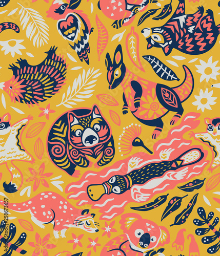 Seamless pattern with decorative Australian animals. Vector illustration