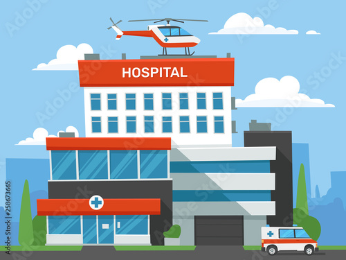 Cartoon hospital building. Emergency clinic, urgent medical help helicopter and ambulance car. Infirmary center vector illustration