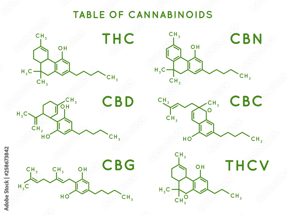 Cannabinoid structure. Cannabidiol molecular structures, THC and CBD