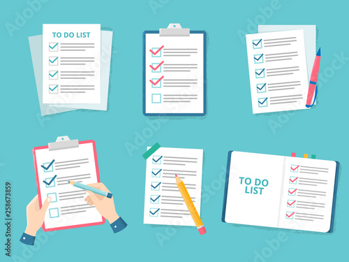 Business checklist. Priority list checks, check mark list and checking paper to do checklists flat vector illustration set