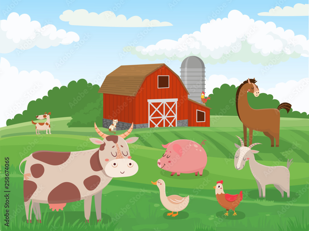 Farm animals. Village animal farms, cows red barn and cattle field landscape cartoon vector illustration Farm animals. Village animal farms, cows red barn and cattle field landscape cartoon vector illustration