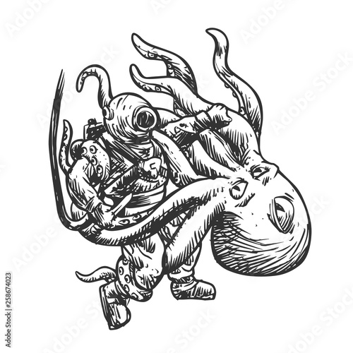 Diver struggling with octopus - Vector illustration