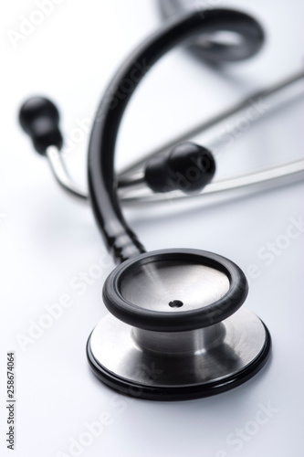 Stethoscope, Medical stethoscope or phonendoscope, Medical device for auscultation, studio shot on white