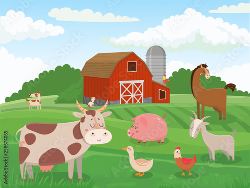 Farm animals. Village animal farms  cows red barn and cattle field landscape cartoon vector illustration