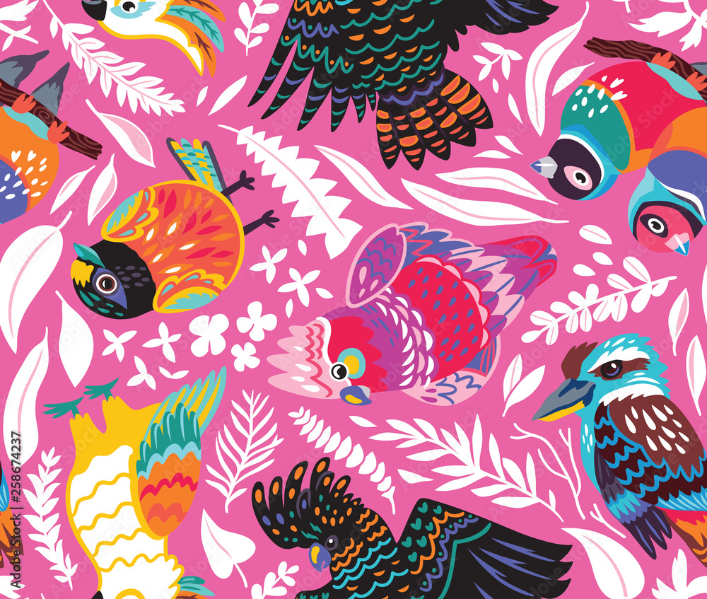 Fototapeta premium Seamless pattern with exotic australian birds and tropical leaves on pink background