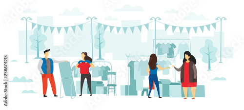 Fashion flea market. People buy and sell clothes, open air street swap-party and fair of clothe flat vector illustration