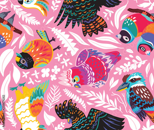 Seamless pattern with exotic australian birds and tropical leaves on pink background