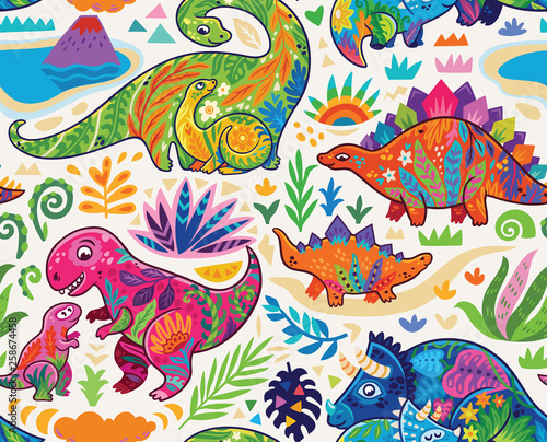 Cute seamless pattern with mom and baby dinosaurs and tropical plants. Vector illustration