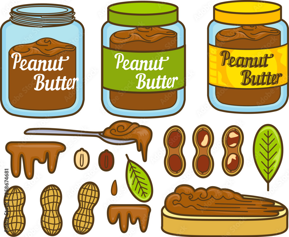 Peanut butter vector icon set. Cartoon illustration set of peanut icons for  web design. Nuts emblems and labels isoleted on white backgraund Stock  Vector | Adobe Stock