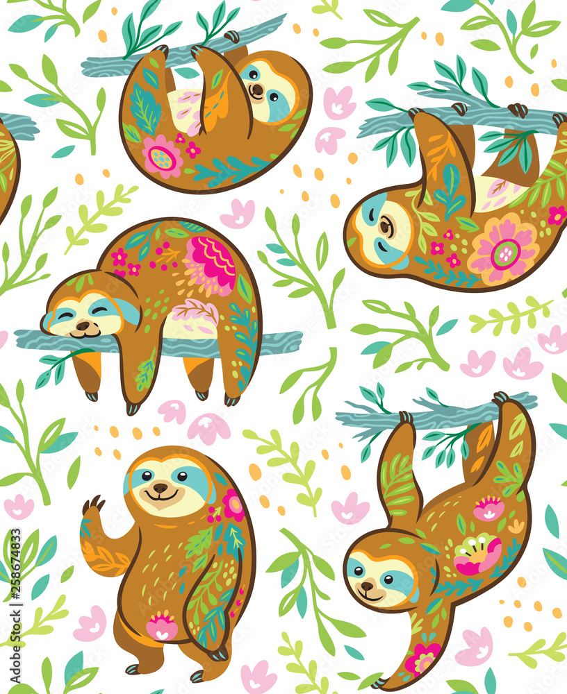 Fototapeta premium Sloth bear animal characters in floral ornament seamless pattern