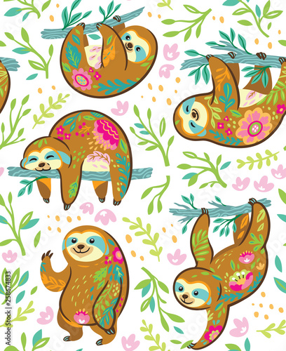 Sloth bear animal characters in floral ornament seamless pattern