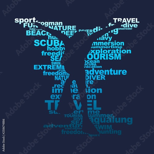 Silhouette of diver from relative words cloud. Icon diver. The concept of sport diving.