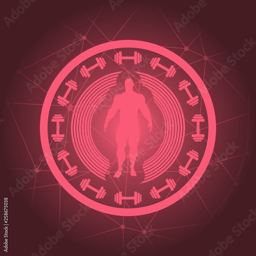 Muscular man posing. Bodybuilding coat of arms. Sporty style stamp. Connected lines with dots.