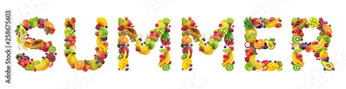 Fototapeta Naklejka Na Ścianę i Meble -  Word summer made of different fruits and berries, fruit font isolated on white background