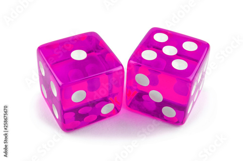 Two pink dice isolated on a white background. One and five are so close.