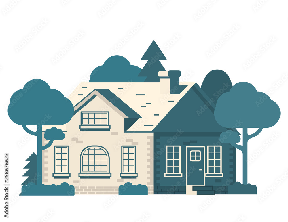 Rural house. Cottage and trees. Summer landscape country house. Flat vector. Country Homes.Residential properties real estate.Luxury and country estate properties.Home facade with windows.