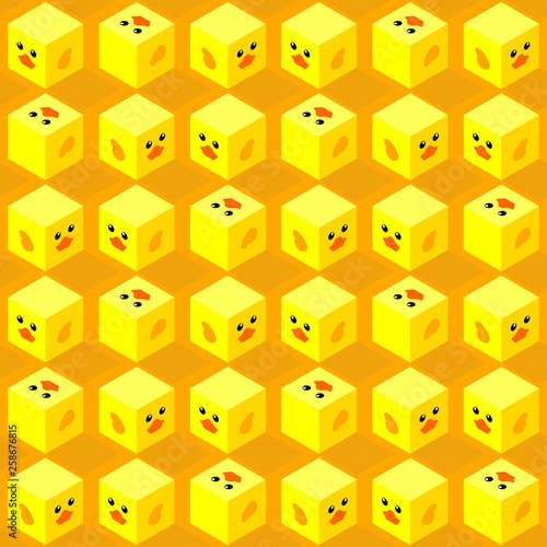 seamless pattern of isometric cubes with flat design cute duck face on orange background