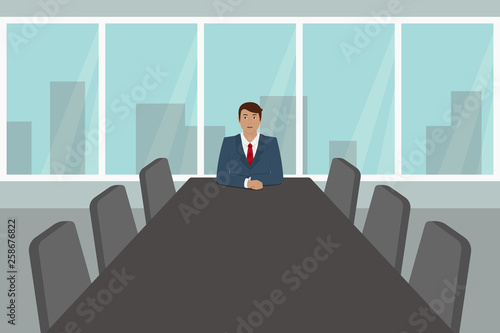 Boss sitting alone and waiting for meeting in conference room. Vector illustration.