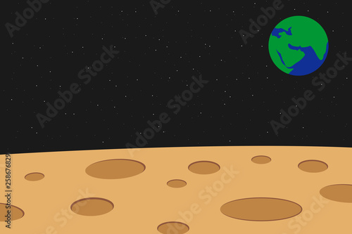 View of planet Earth from moon surface. Vector illustration.
