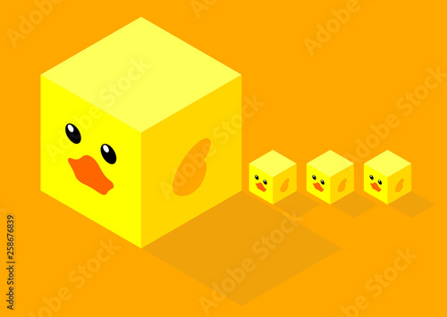 illustration of isometric cubes with flat design cute duck face, mom and three little cube ducks on orange background