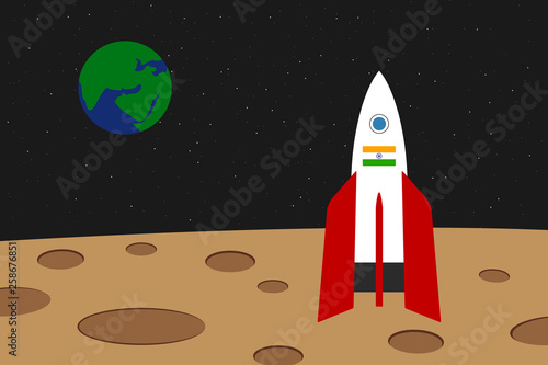 Indian spaceship on moon surface. Vector illustration.