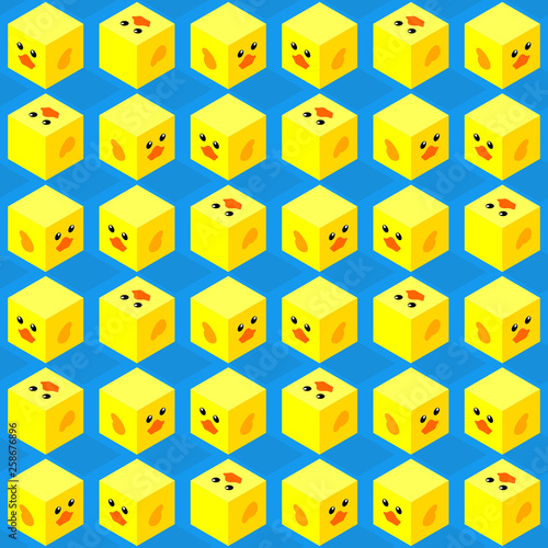 seamless pattern of isometric cubes with flat design cute duck face on blue background
