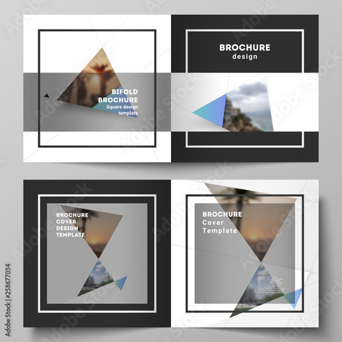 The vector layout of two covers templates for square design bifold brochure, magazine, flyer, booklet. Creative modern background with blue triangles and triangular shapes. Simple design decoration.