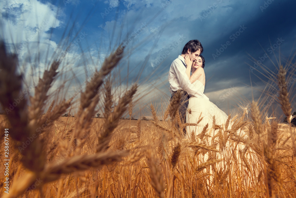 Young bride and groom in wheat field with blue sky Young bride and groom in wheat field with blue sky