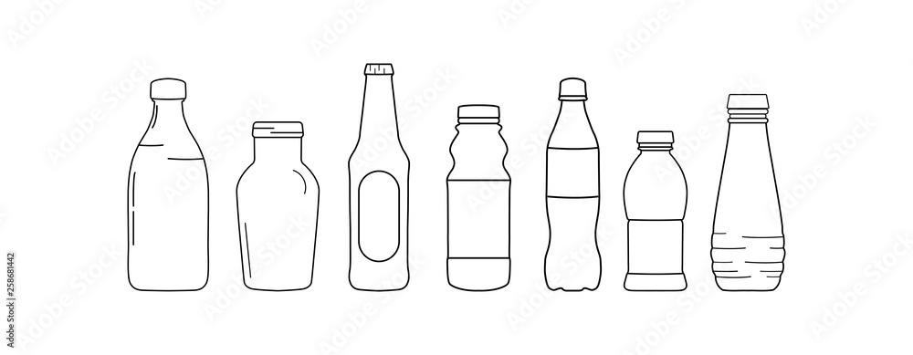 Set of bottle lines icons on white background - vector illustration.