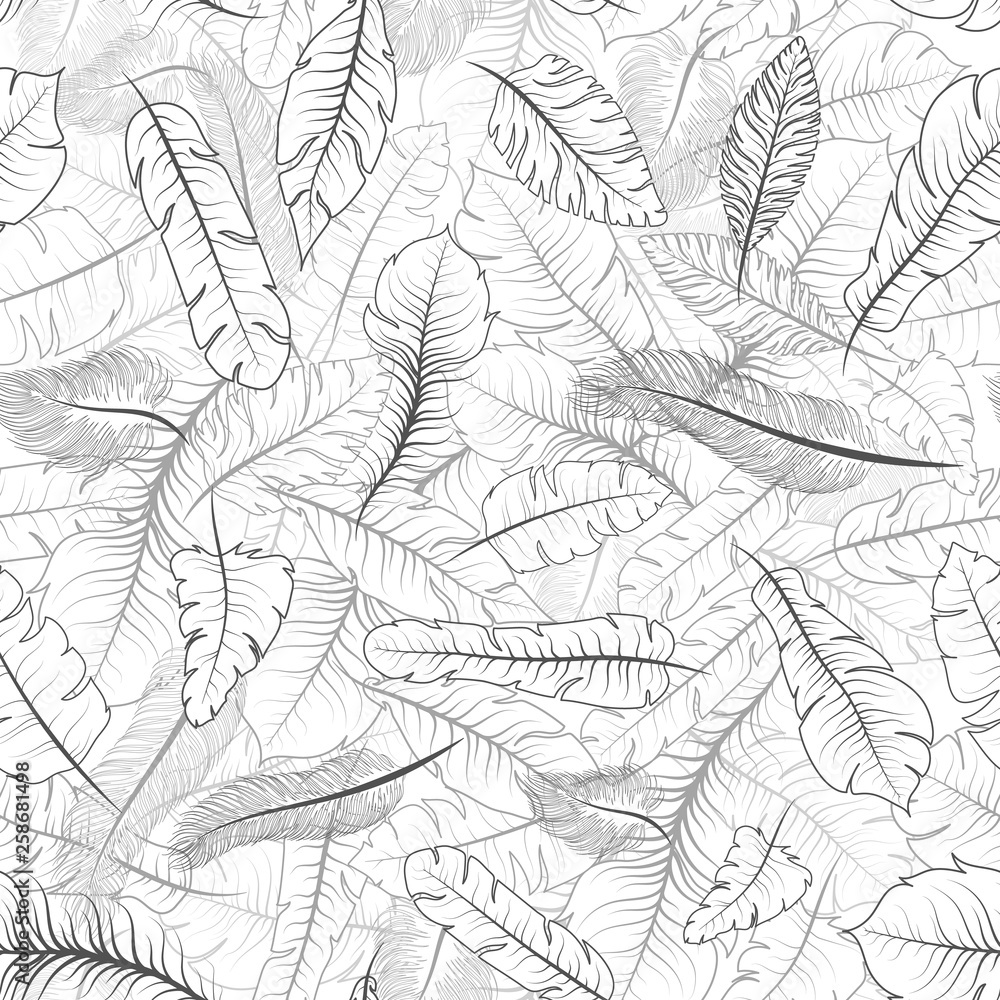 Different exotic feathers, seamless pattern on white