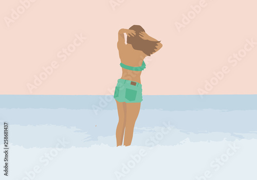 Girl in a swimsuit and jean shorts on the sea background. Vector flat illustration.