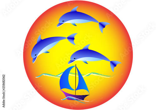Colorful logo of sea recreation on the sea - dolphins on the background of the sun, water, yacht, sailboat - a man's dream.