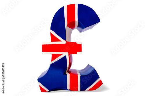 Money box as pound of sterling symbol of British currency, isolated.