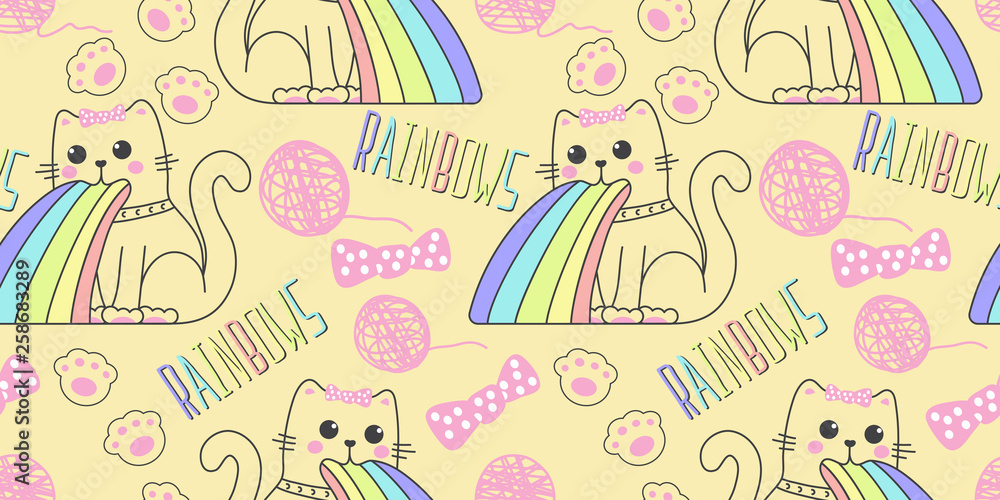 seamless pattern with cute cat in kawaii style puking rainbow